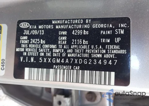 2013 Kia Optima Lx из США, поврежденный, VIN 5XXGM4A7XDG234947